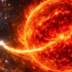 Illustration réaliste de l’étoile géante rouge Bételgeuse avec une petite étoile compagne créant un sillage lumineux dans son atmosphère.