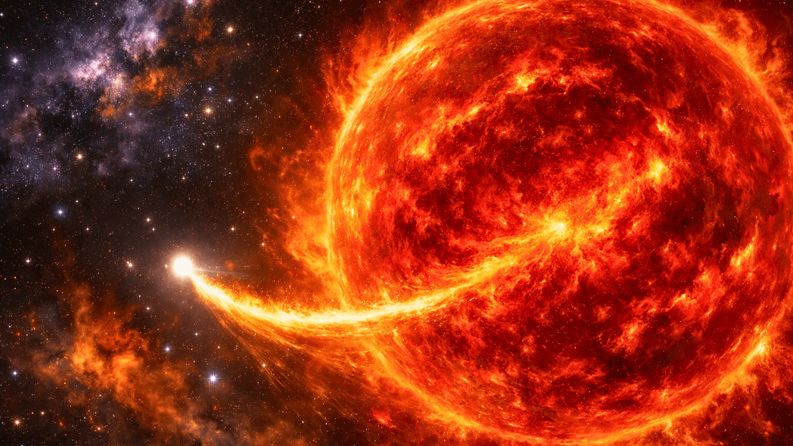 Illustration réaliste de l’étoile géante rouge Bételgeuse avec une petite étoile compagne créant un sillage lumineux dans son atmosphère.