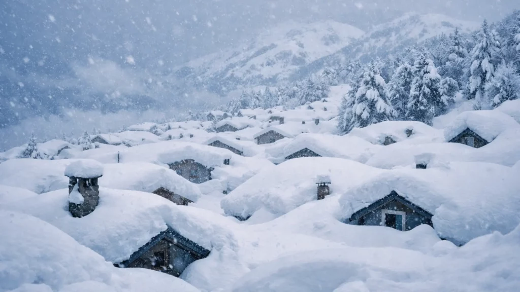 Vue du village italien de Capracotta presque entièrement recouvert par plusieurs mètres de neige lors de la tempête record de mars 2015.