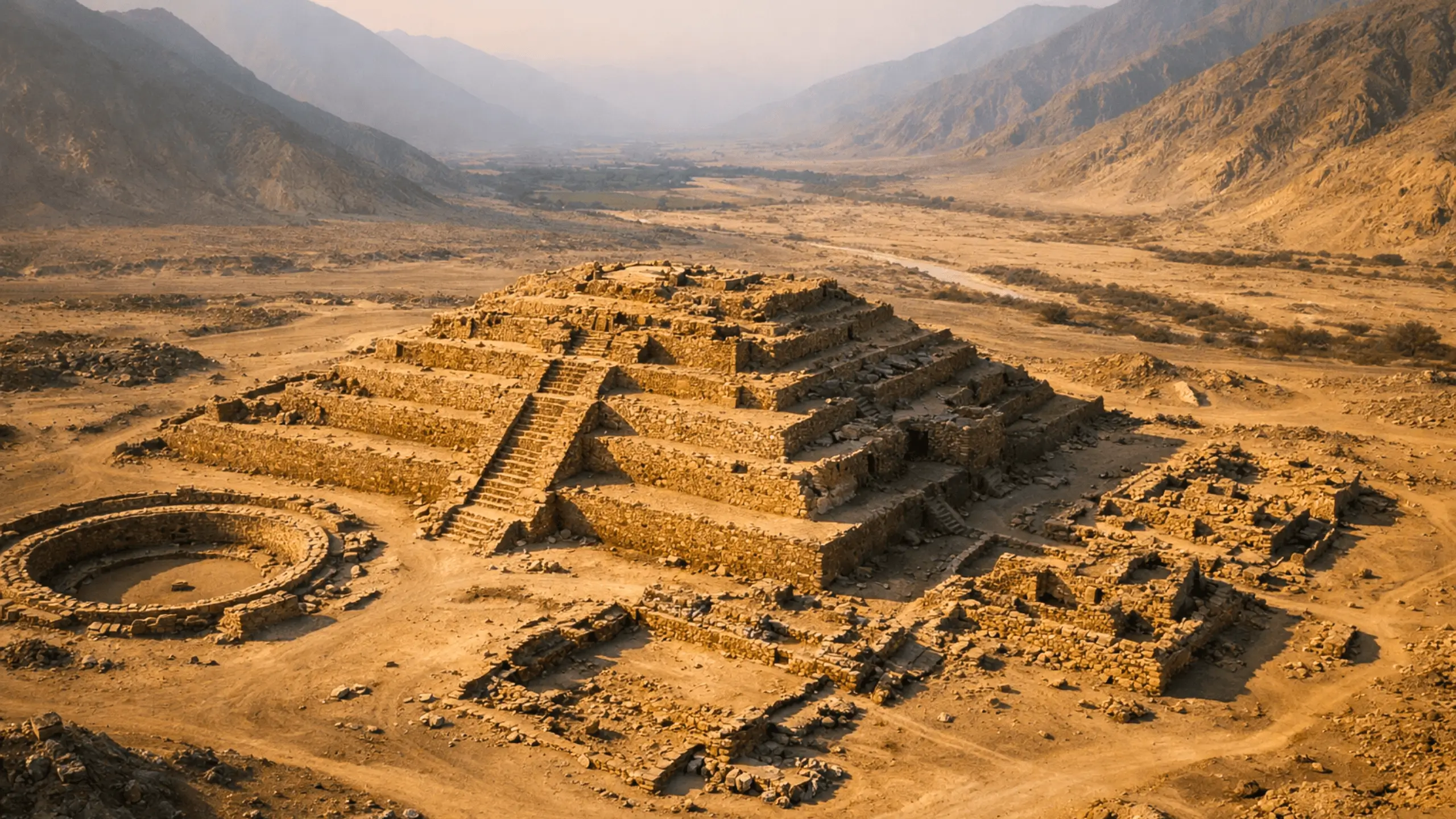 Vue aérienne de la cité antique de Caral au Pérou, avec une grande pyramide en gradins au cœur d’une vallée désertique.