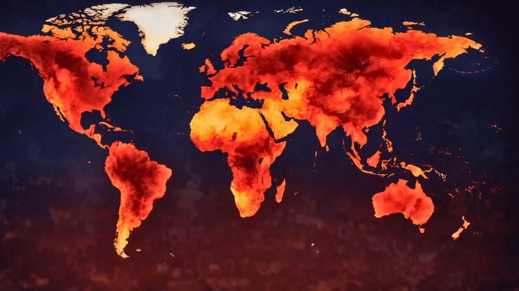 Carte mondiale montrant de vastes régions en rouge intense, illustrant l’augmentation des températures et l’ampleur du réchauffement climatique.
