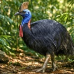 Un casoar du sud se tient immobile dans une forêt tropicale dense, montrant son casque proéminent et son cou bleu et rouge sous une lumière naturelle filtrée.