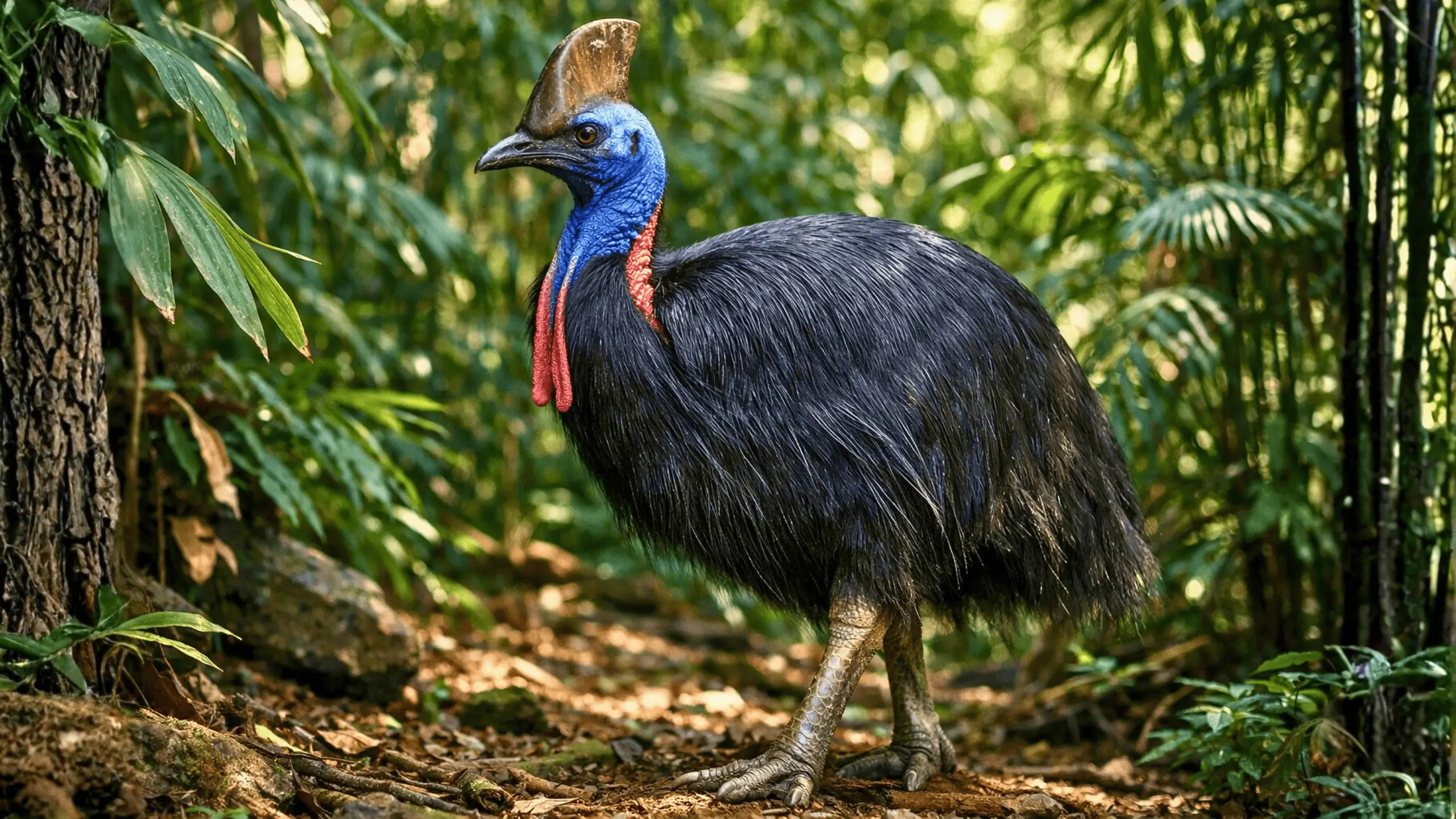 Un casoar du sud se tient immobile dans une forêt tropicale dense, montrant son casque proéminent et son cou bleu et rouge sous une lumière naturelle filtrée.