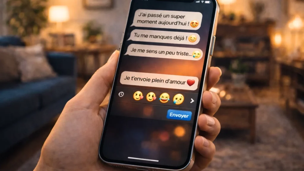 Main de femme tenant un smartphone affichant une conversation de messages avec emojis exprimant l’amour, la joie et la tristesse dans une ambiance chaleureuse.
