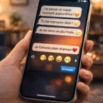 Main de femme tenant un smartphone affichant une conversation de messages avec emojis exprimant l’amour, la joie et la tristesse dans une ambiance chaleureuse.