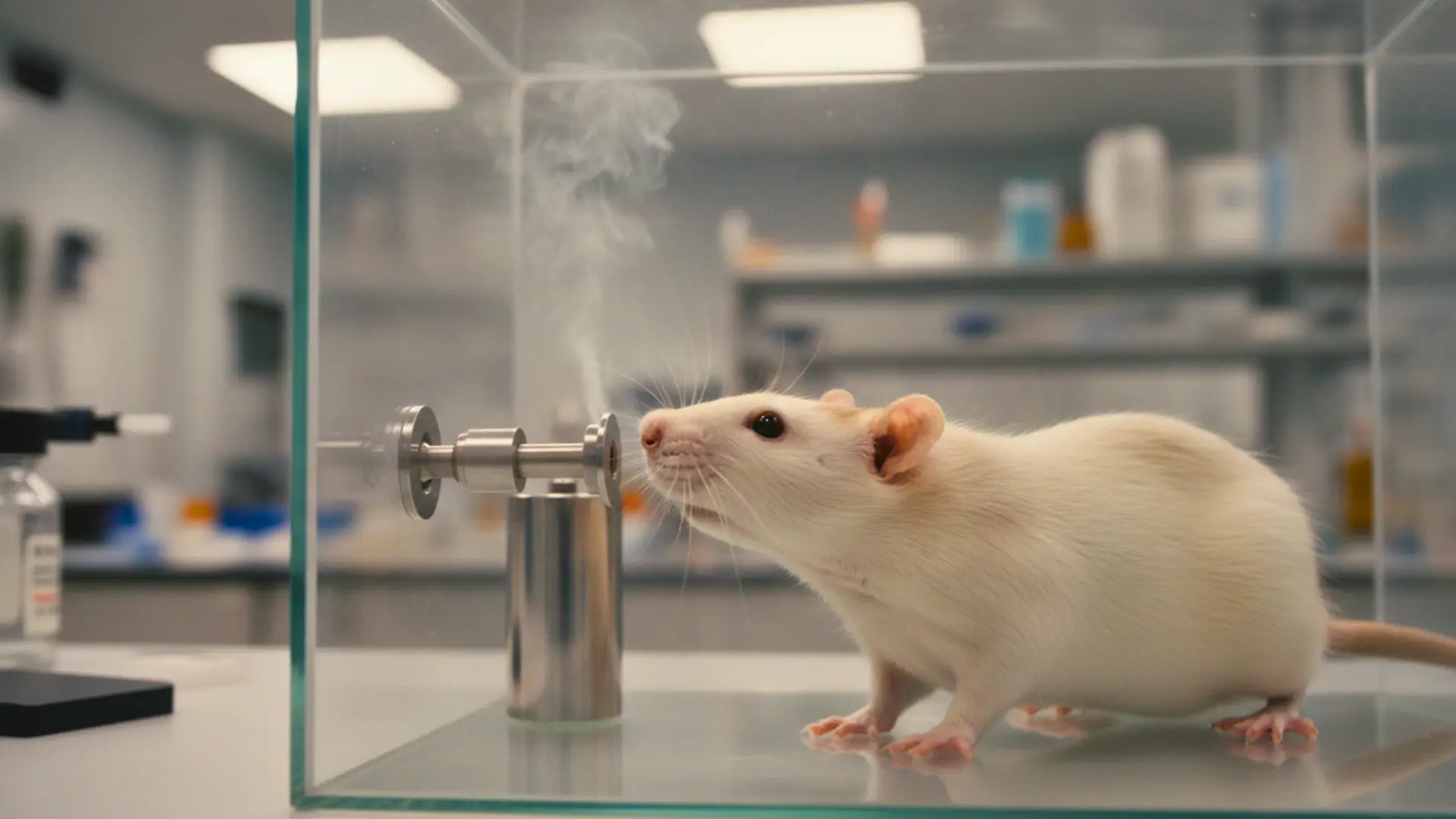 Rat de laboratoire inhalant volontairement de la vapeur de cannabis dans un dispositif expérimental en milieu scientifique contrôlé.