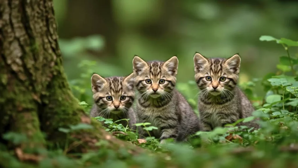 Trois chatons sauvages de type chat sylvestre observés dans un sous-bois près de Genève, en Suisse