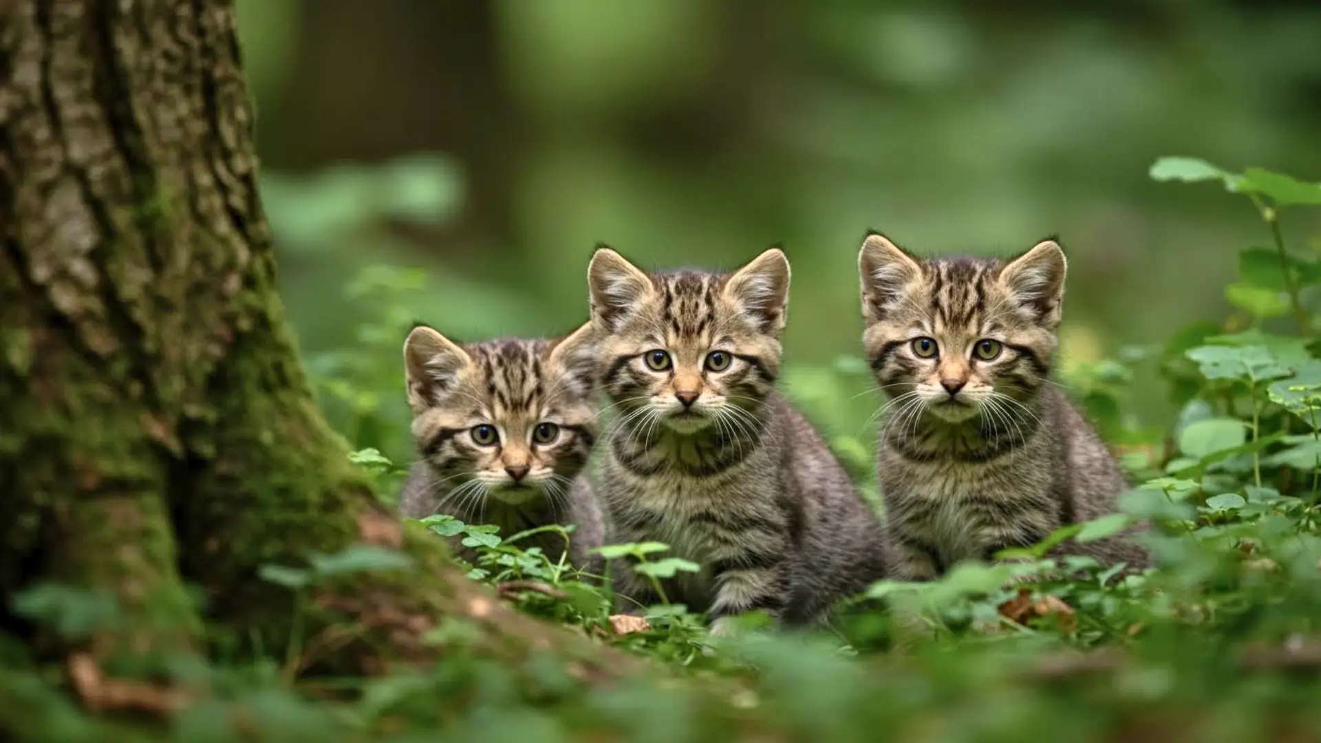 Trois chatons sauvages de type chat sylvestre observés dans un sous-bois près de Genève, en Suisse