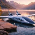 Avion électrique amphibie futuriste amarré sur un lac de montagne, capable de décoller depuis l’eau ou une piste terrestre.