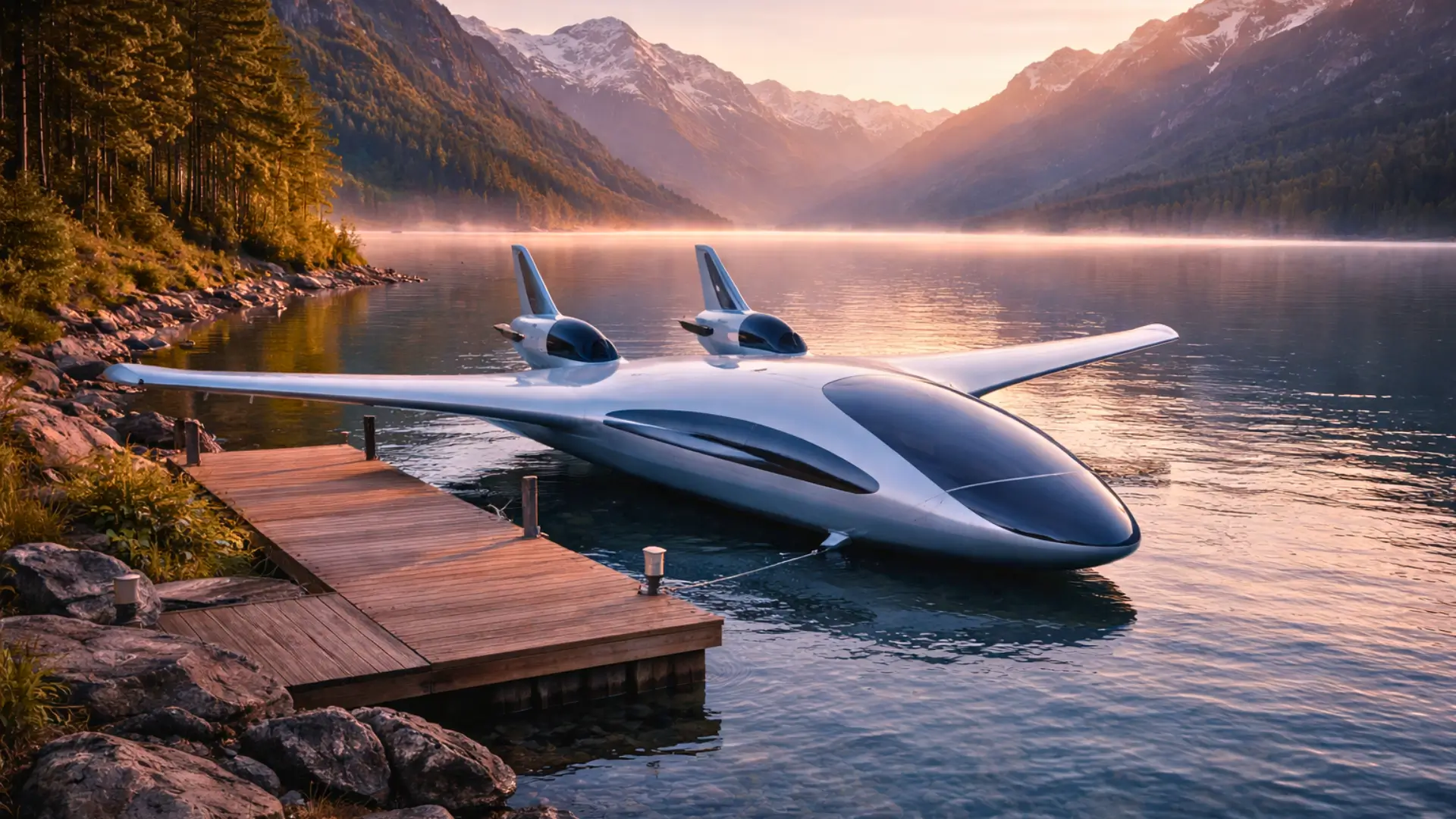 Avion électrique amphibie futuriste amarré sur un lac de montagne, capable de décoller depuis l’eau ou une piste terrestre.