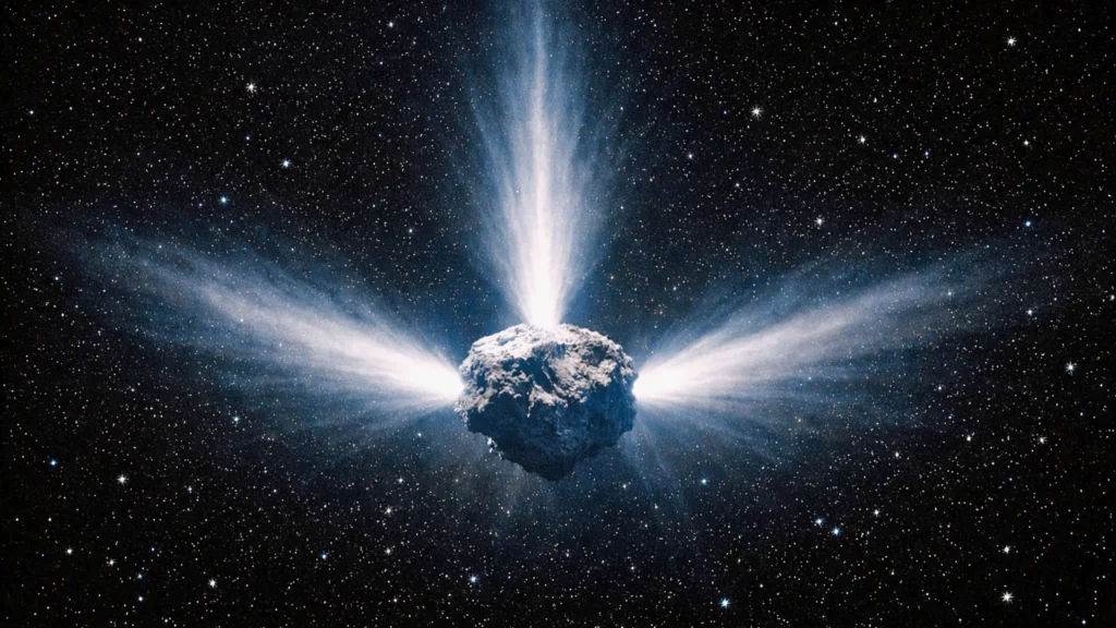 La comète interstellaire 3I/Atlas projette trois jets lumineux parfaitement symétriques dans l’espace.