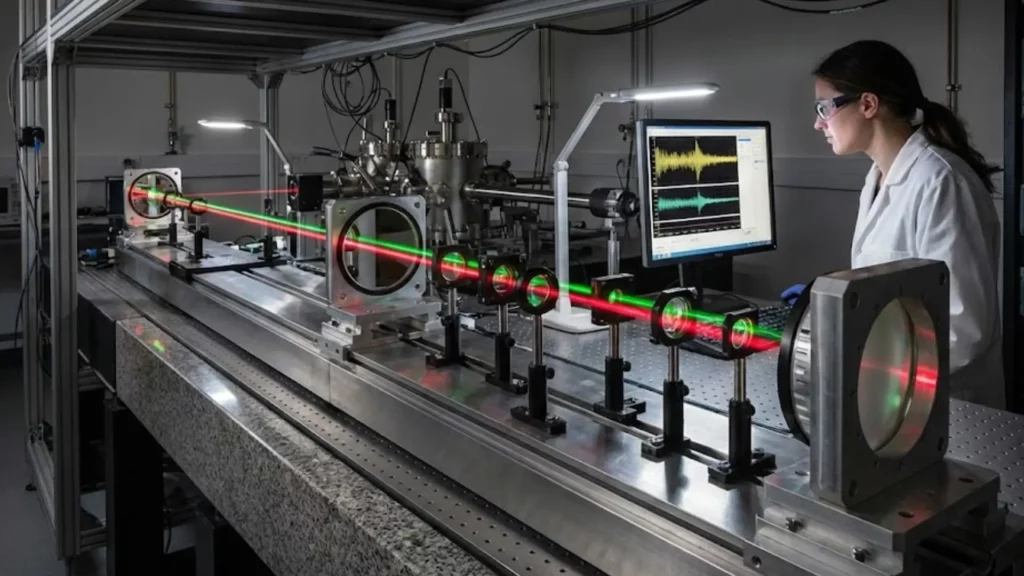 Dispositif expérimental en laboratoire utilisant un faisceau laser et un interféromètre pour étudier l’interaction entre lumière et ondes gravitationnelles.