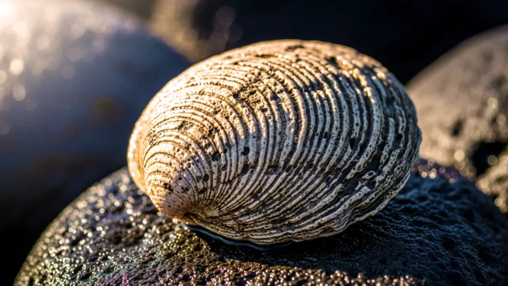 Gros plan détaillé sur la coquille de Ming le mollusque montrant ses anneaux de croissance séculaires sur un rocher sombre.