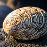 Gros plan détaillé sur la coquille de Ming le mollusque montrant ses anneaux de croissance séculaires sur un rocher sombre.