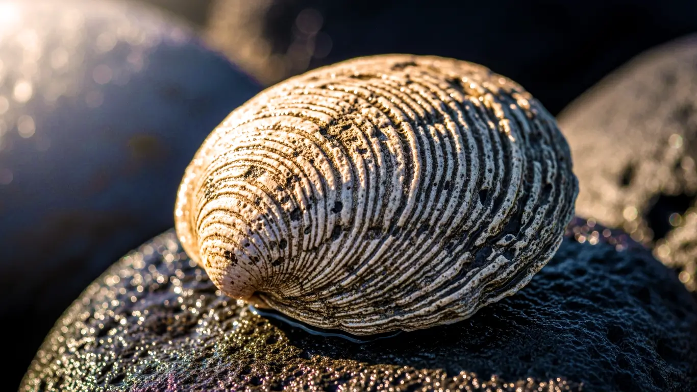 Gros plan détaillé sur la coquille de Ming le mollusque montrant ses anneaux de croissance séculaires sur un rocher sombre.
