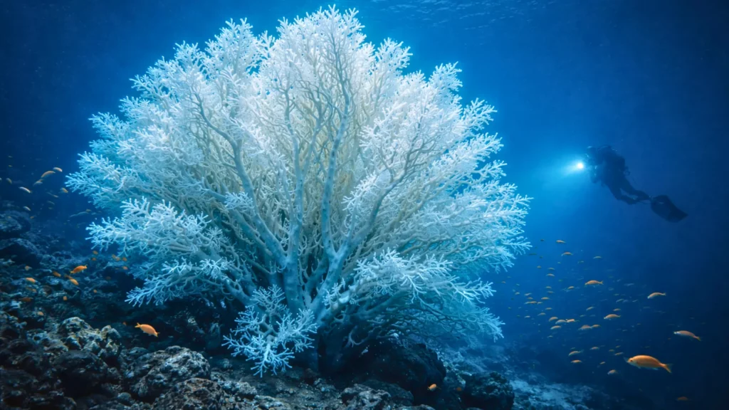 Un immense corail noir ancien éclairé par un plongeur scientifique dans les profondeurs du Fiordland en Nouvelle-Zélande.