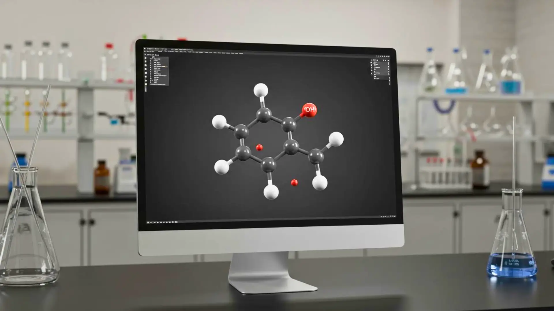 Représentation moléculaire du méthanététrol affichée sur un écran d’ordinateur dans un laboratoire de chimie moderne