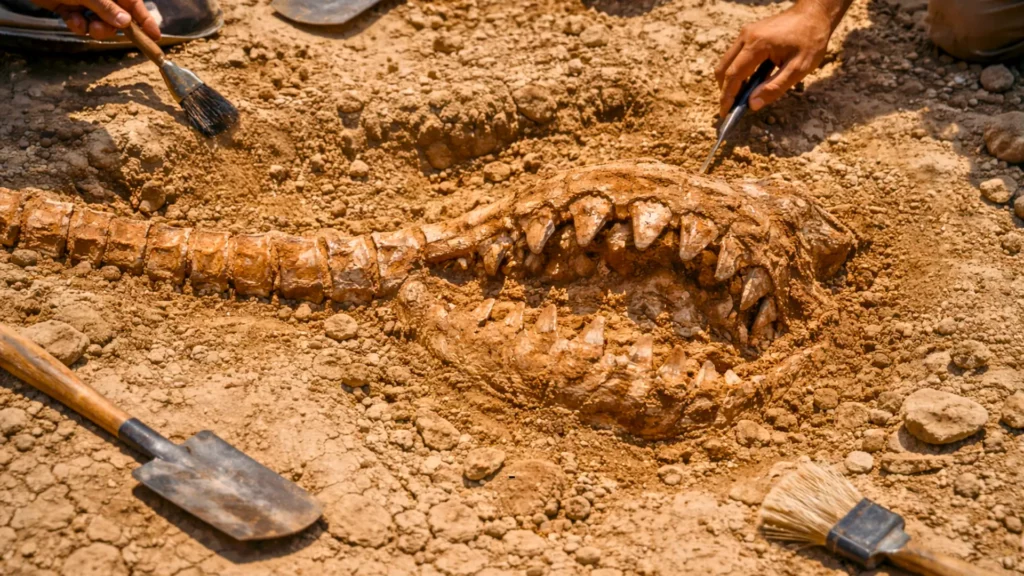 Fossile de requin géant vieux de 9 millions d’années en cours de fouille dans le désert de Pisco au Pérou