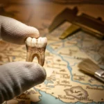 Une dent ancienne tenue par un gant de scientifique, posée devant une carte ancienne et des outils d’analyse archéologique.