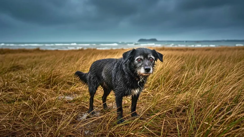 Chien noir âgé et trempé, debout dans les herbes des vasières face à la mer sous un ciel orageux