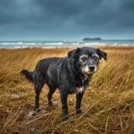 Chien noir âgé et trempé, debout dans les herbes des vasières face à la mer sous un ciel orageux