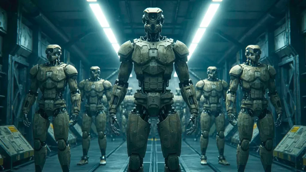 Armée de robots humanoïdes blindés alignés dans une installation industrielle futuriste, symbolisant une force de sécurité automatisée et intimidante.