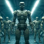 Armée de robots humanoïdes blindés alignés dans une installation industrielle futuriste, symbolisant une force de sécurité automatisée et intimidante.