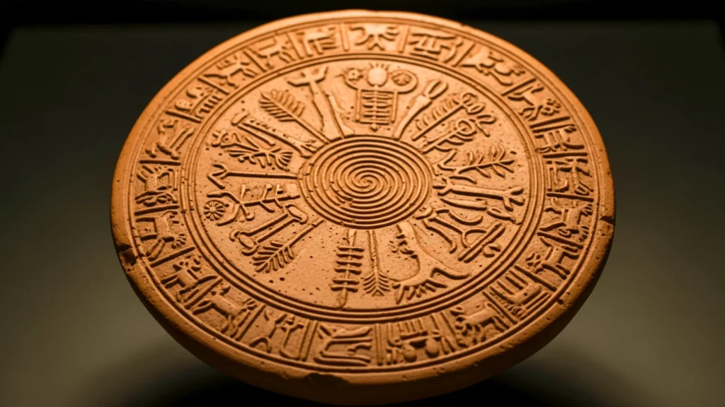 Disque de Phaistos en argile avec symboles en spirale au musée.