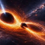 Deux trous noirs supermassifs en interaction orbitale, entourés de disques d’accrétion incandescents et de jets relativistes dans l’espace profond.
