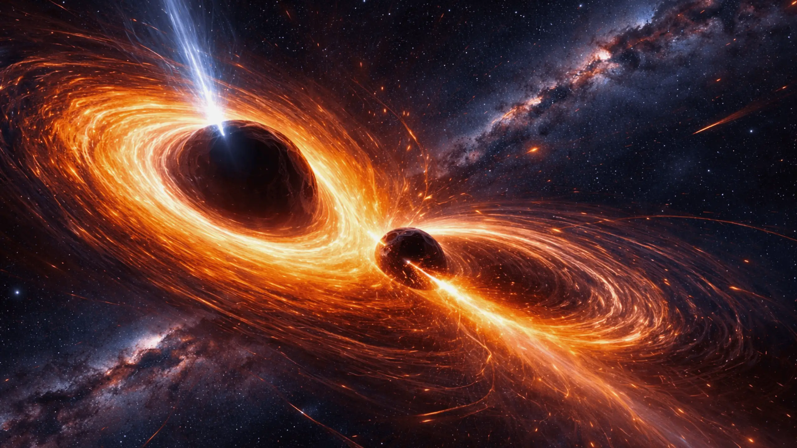 Deux trous noirs supermassifs en interaction orbitale, entourés de disques d’accrétion incandescents et de jets relativistes dans l’espace profond.