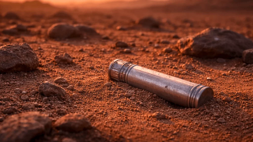 Un tube d’échantillon métallique repose seul sur le sol martien au crépuscule, partiellement enfoui dans la poussière rouge.