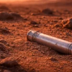 Un tube d’échantillon métallique repose seul sur le sol martien au crépuscule, partiellement enfoui dans la poussière rouge.
