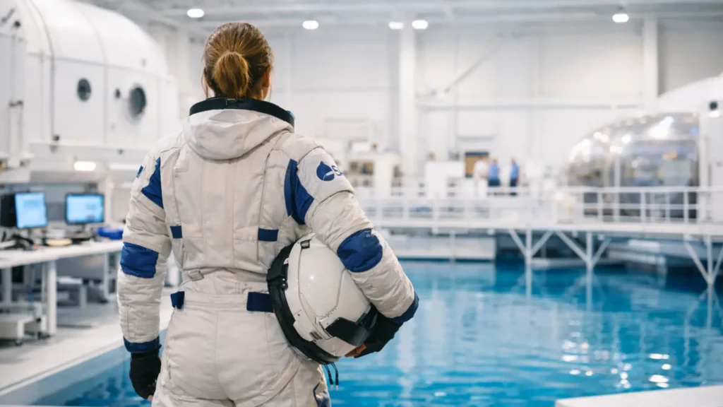 Astronaute européenne en combinaison spatiale, vue de dos, s’entraînant dans un bassin de simulation en centre spatial avant une mission orbitale
