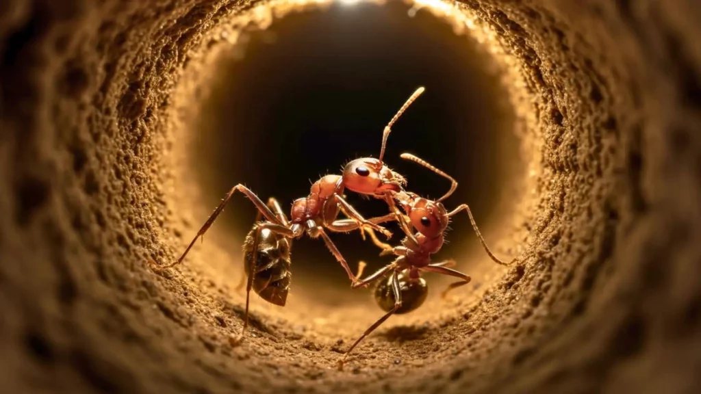 Deux fourmis charpentières pratiquent une intervention chirurgicale sur une congénère blessée à l’intérieur d’un tunnel de fourmilière.