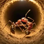 Deux fourmis charpentières pratiquent une intervention chirurgicale sur une congénère blessée à l’intérieur d’un tunnel de fourmilière.
