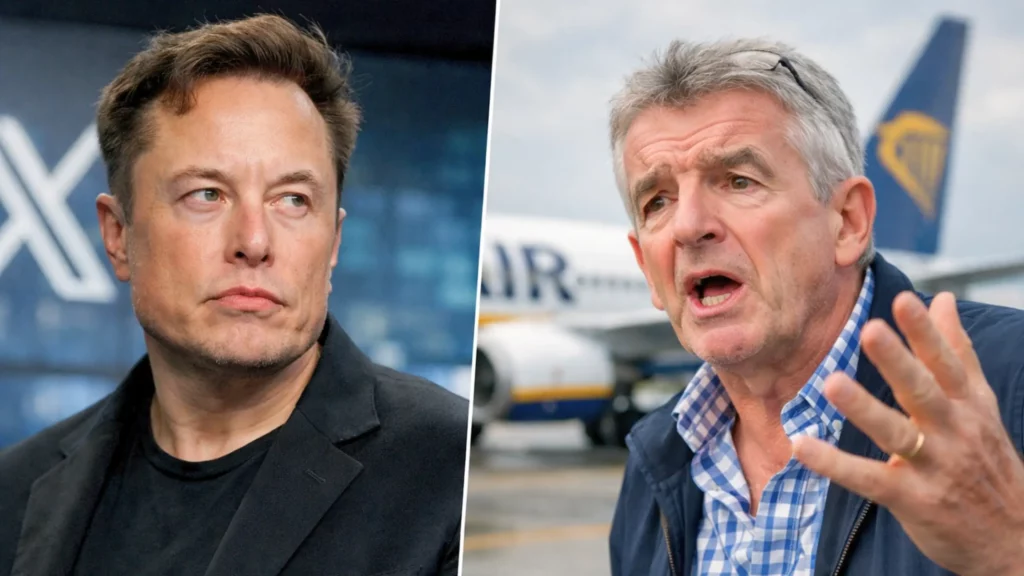 Portrait en split-screen montrant Elon Musk au regard fermé face à Michael O’Leary gesticulant avec tension, dans une mise en scène évoquant un affrontement médiatique.