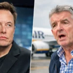 Portrait en split-screen montrant Elon Musk au regard fermé face à Michael O’Leary gesticulant avec tension, dans une mise en scène évoquant un affrontement médiatique.