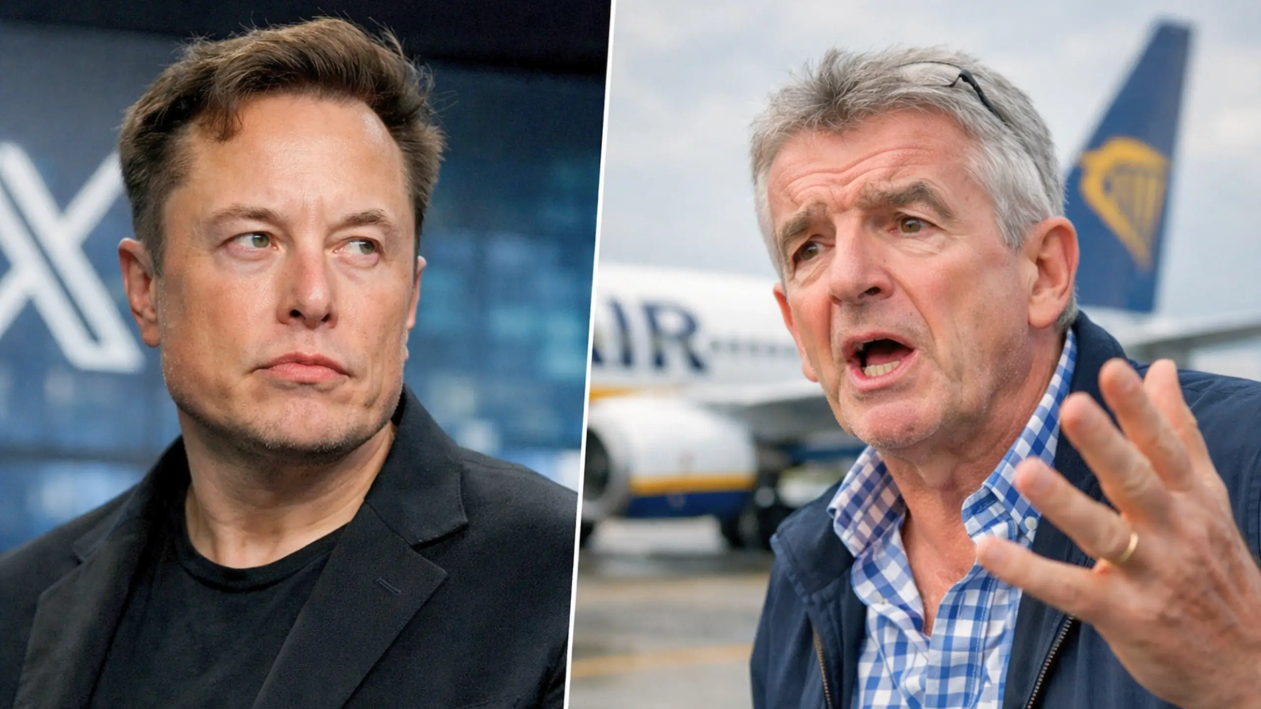Portrait en split-screen montrant Elon Musk au regard fermé face à Michael O’Leary gesticulant avec tension, dans une mise en scène évoquant un affrontement médiatique.