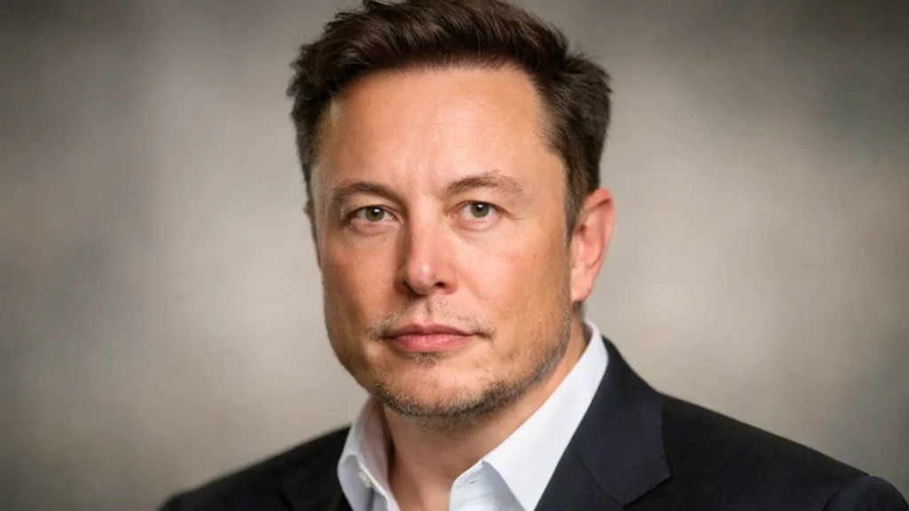 Portrait réaliste d’Elon Musk, regard sérieux, éclairage doux en studio, fond flou neutre.