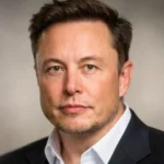 Portrait réaliste d’Elon Musk, regard sérieux, éclairage doux en studio, fond flou neutre.