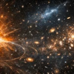 Vue photoréaliste de l’Univers profond avec une supernova brillante, des galaxies lointaines et des distorsions gravitationnelles symbolisant l’énergie sombre.