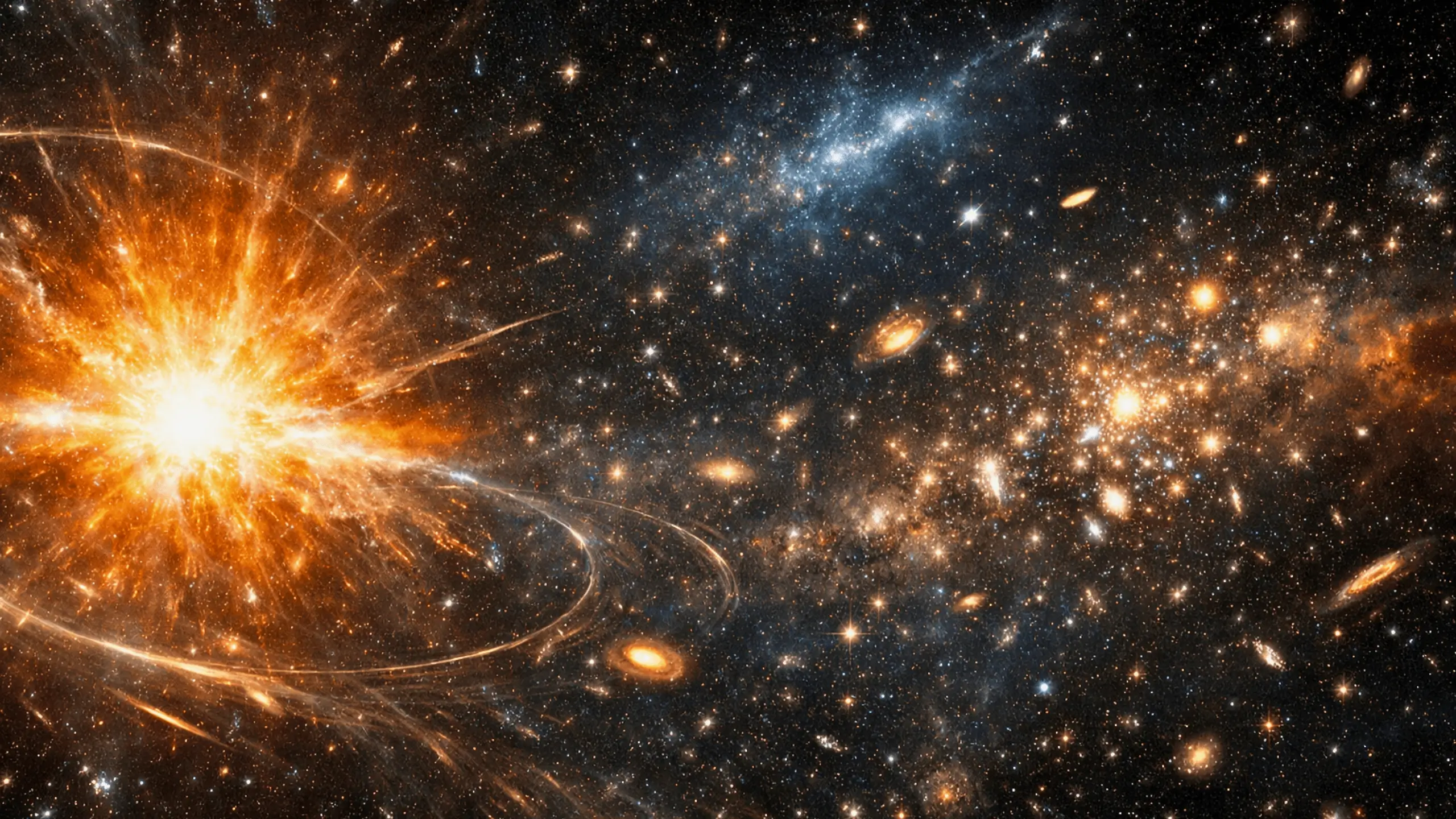Vue photoréaliste de l’Univers profond avec une supernova brillante, des galaxies lointaines et des distorsions gravitationnelles symbolisant l’énergie sombre.