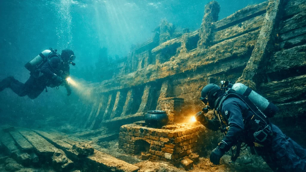 Deux plongeurs explorent l’épave d’un navire médiéval géant au fond de la mer, avec une ancienne cuisine en briques encore visible.
