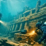 Deux plongeurs explorent l’épave d’un navire médiéval géant au fond de la mer, avec une ancienne cuisine en briques encore visible.