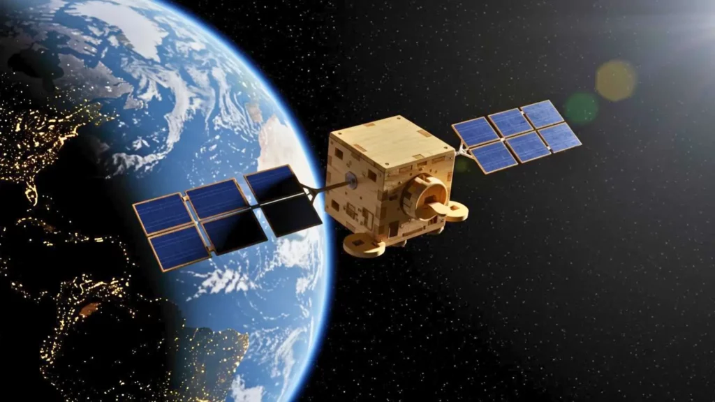 Satellite expérimental en bois de magnolia en orbite autour de la Terre, équipé de panneaux solaires, illustrant un projet spatial écologique soutenu par la NASA et le Japon.