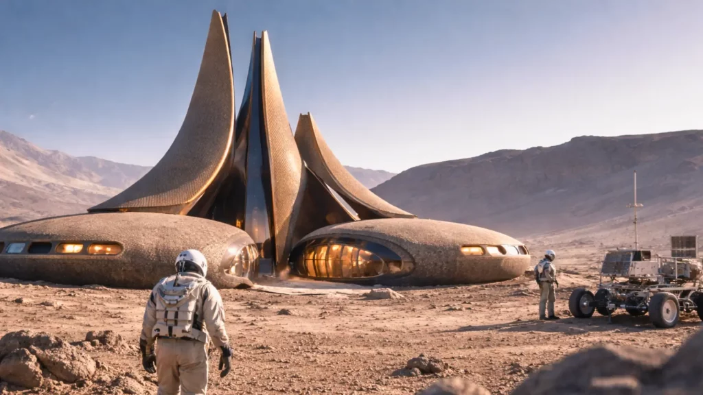 Habitat futuriste sur Mars conçu pour la vie humaine, avec astronautes et rover devant une architecture spatiale innovante.