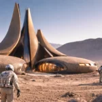 Habitat futuriste sur Mars conçu pour la vie humaine, avec astronautes et rover devant une architecture spatiale innovante.