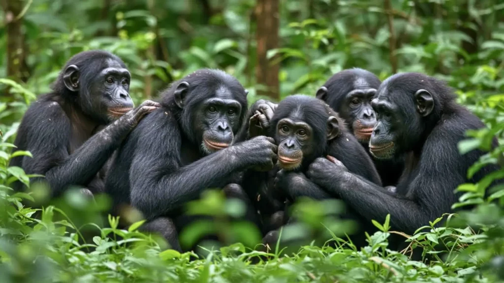 Groupe de bonobos rassemblés dans la forêt, renforçant leurs liens sociaux par le contact et le toilettage collectif.