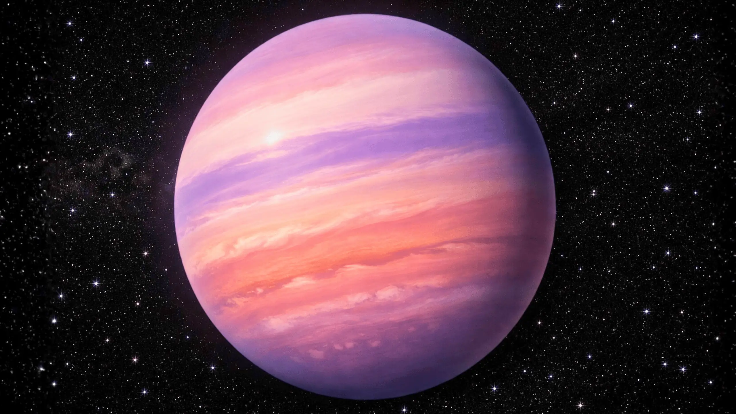 Vue stylisée d’une géante gazeuse rose et violette flottant dans l’espace, sur fond d’étoiles.