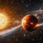 Vue photoréaliste de l’exoplanète WASP-121b avec deux longues queues de gaz s’échappant dans l’espace, près de son étoile.